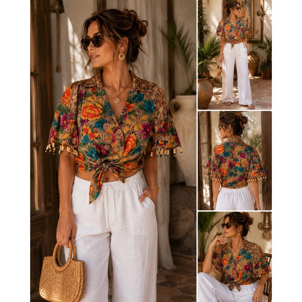 Vintage Carole Little Rayon Beaded Fringe Tropical Boho Crop Top Mexico